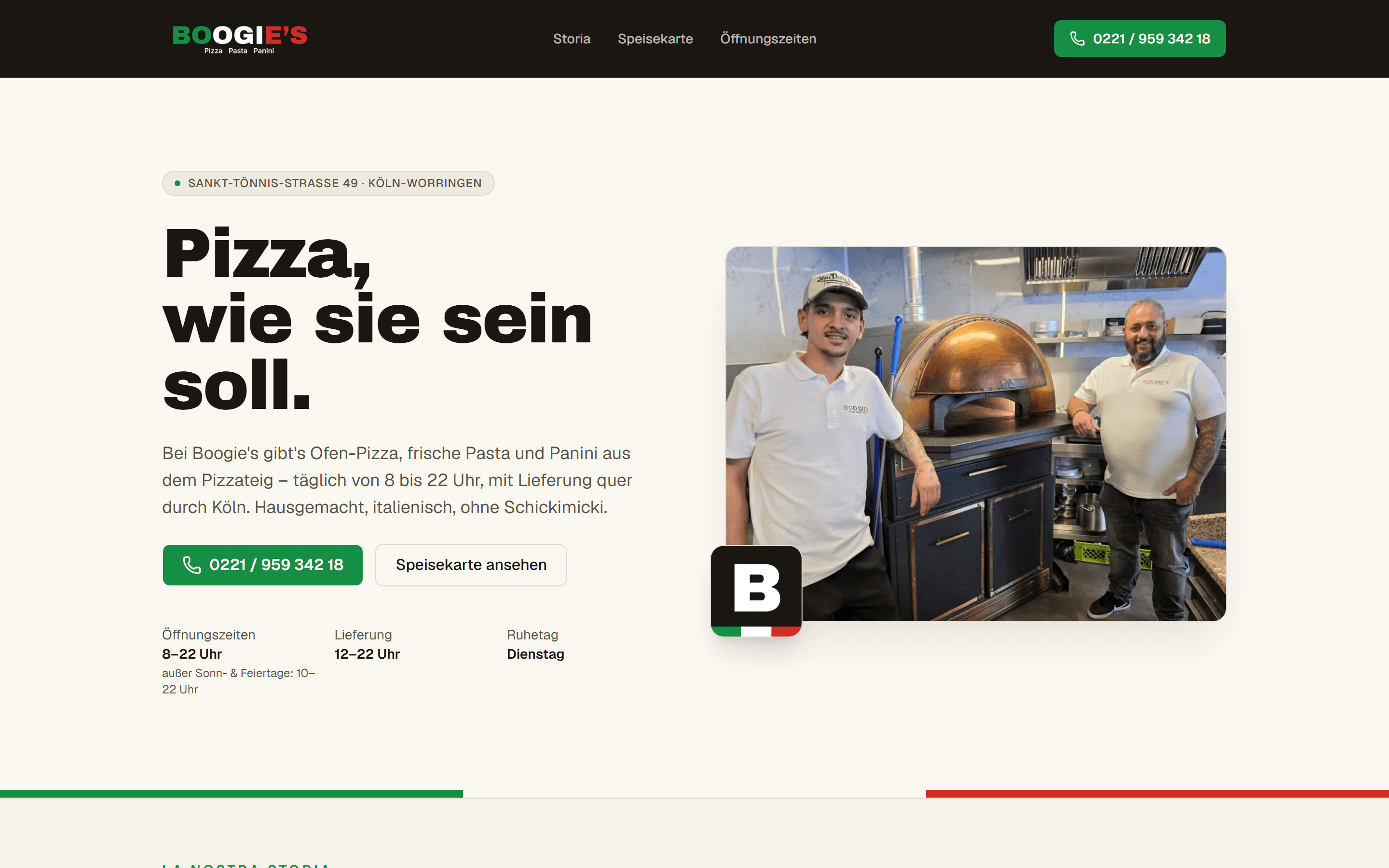 Boogie's Pizza Startseite — Köche am Holzofen mit italienischer Flaggen-Akzentlinie