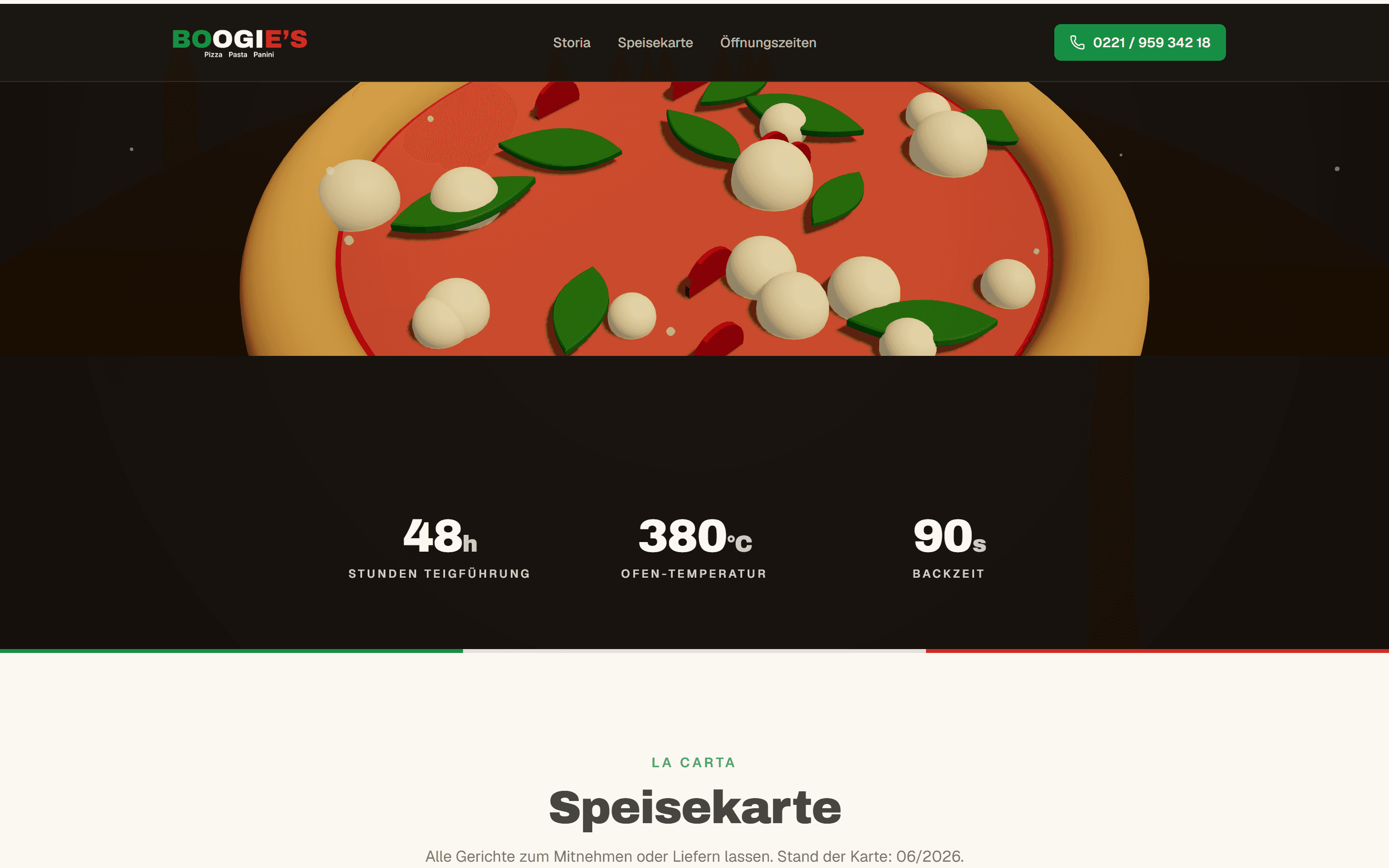 Boogie's Pizza — interaktive 3D-Pizza mit Kennzahlen zu Teigreife und Backzeit