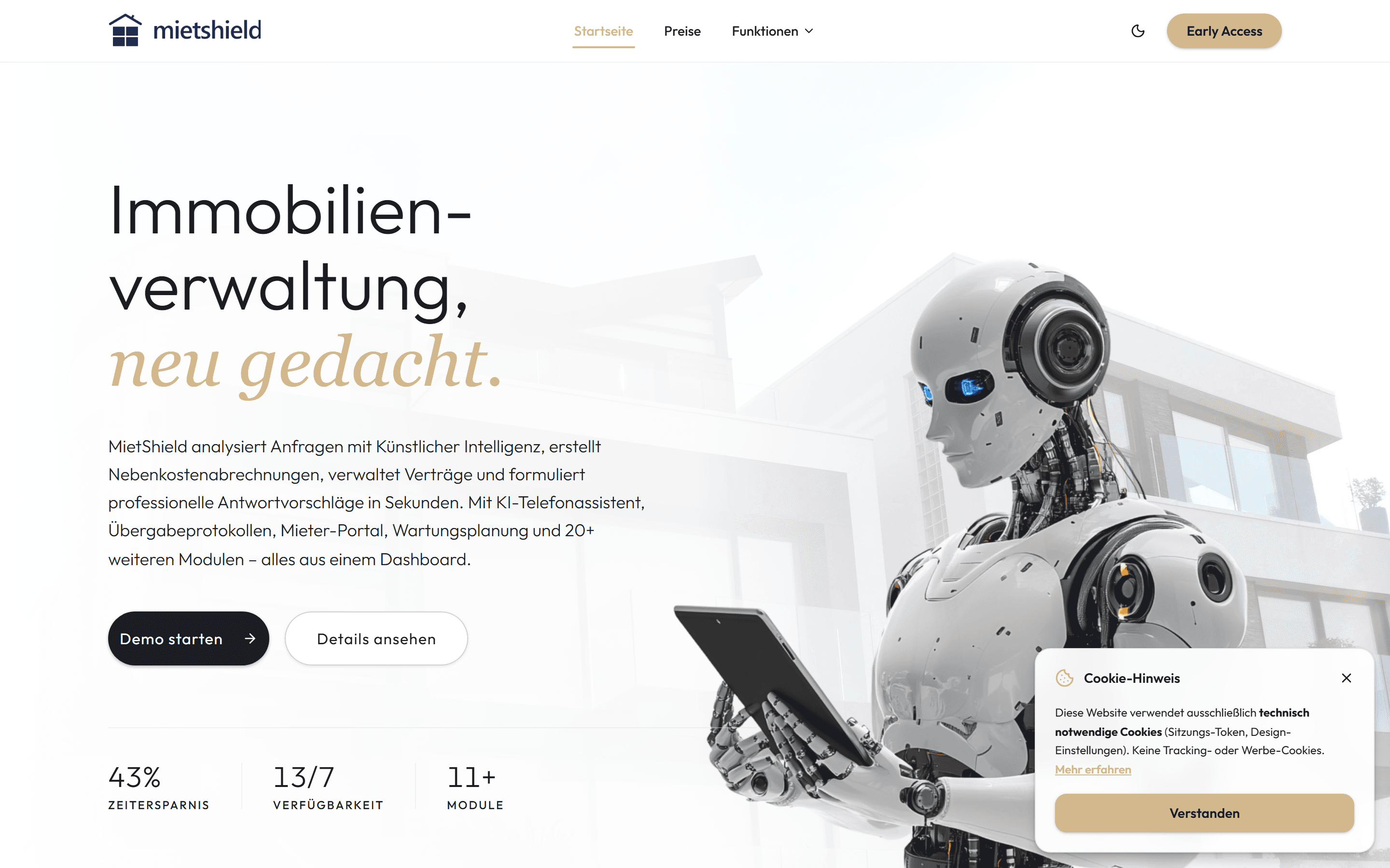 MietShield Startseite — KI-Assistent für die Immobilienverwaltung vor einer Häuserzeile