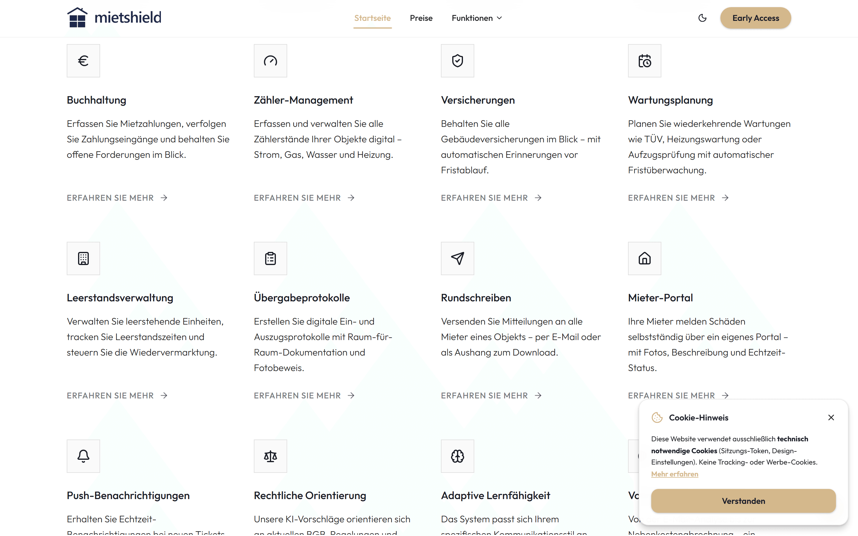 MietShield Funktionsübersicht mit über 20 Modulen für Vermieter