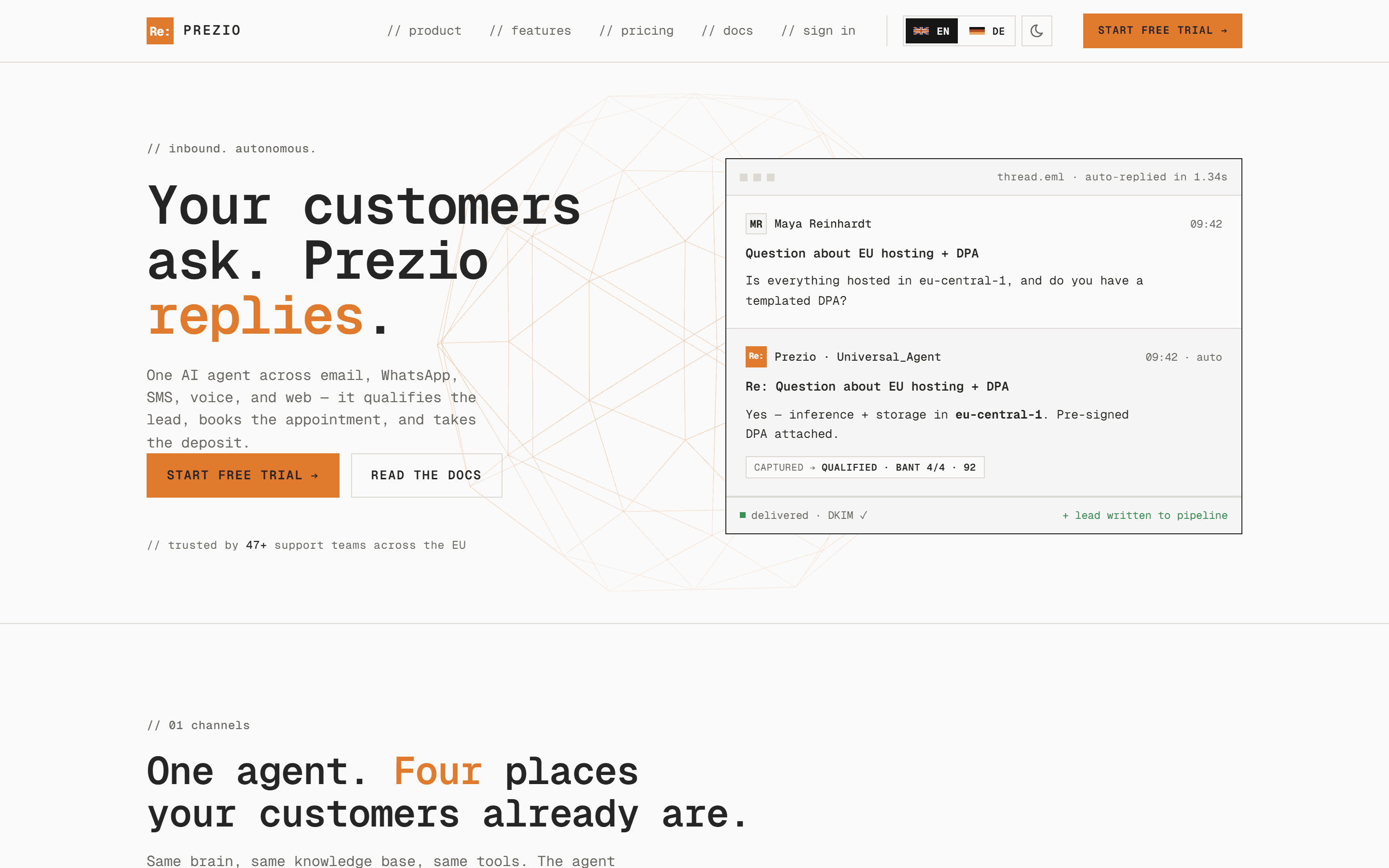 Prezio Startseite — KI-Agent beantwortet eine Kundenanfrage per E-Mail in 1,3 Sekunden