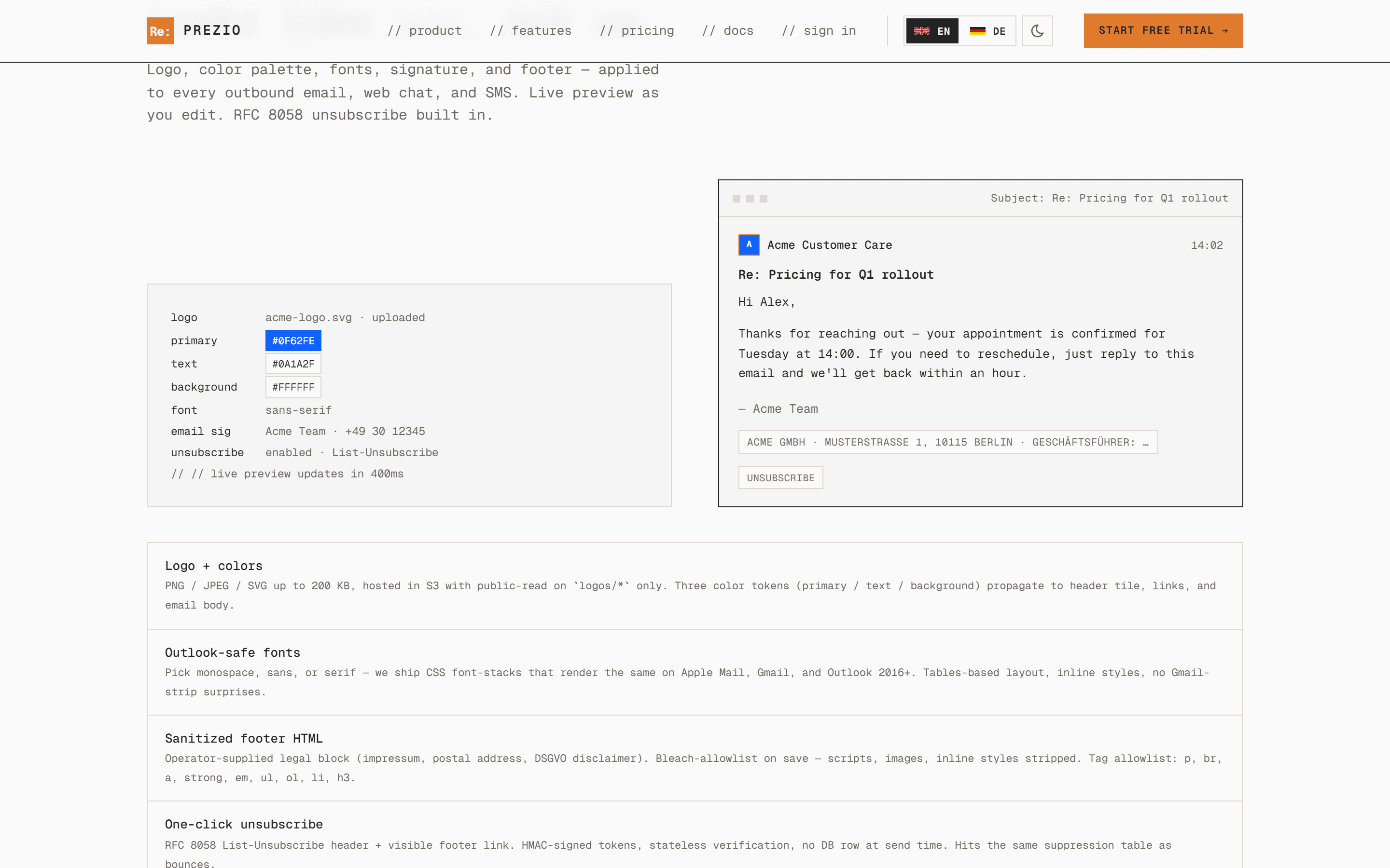 Prezio Branding-Editor mit Live-Vorschau einer ausgehenden E-Mail
